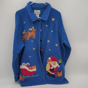 Quacker Factory Christmas Fleece Jacket Santa 1X Embroidered Grandmacore Festive